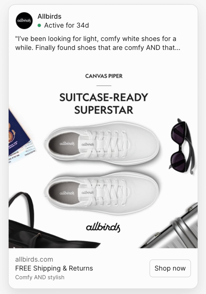 Example of AllBirds Ad copywriting style.